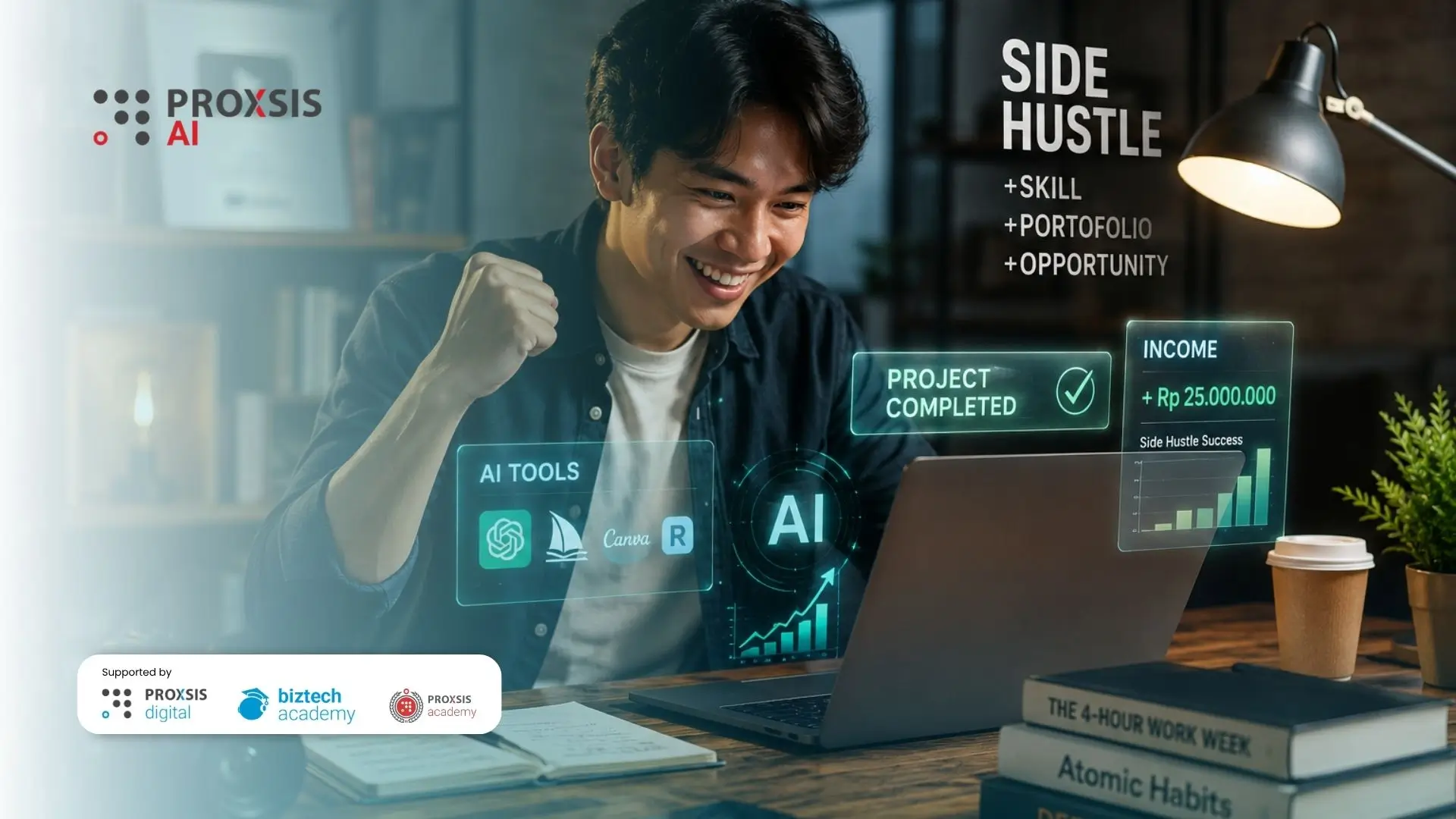 Ilustrasi freelancer menggunakan tools AI untuk side hustle